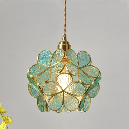 Flower-Shaped Pendant Light - 22Cm Blue Pink Glass with Vintage Brass Finish for Elegant Decor