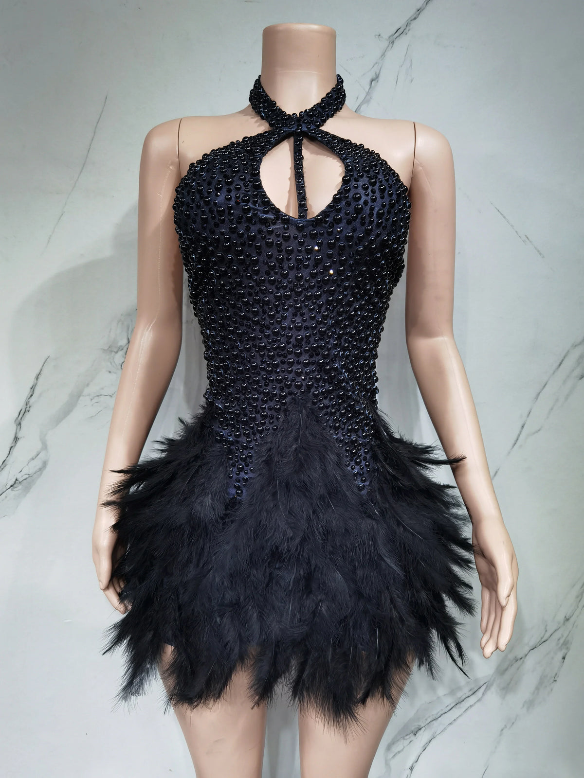 Fashion 2025new sexy Latin dance dress with airy hollow design, feather skirt hanging neck skirt