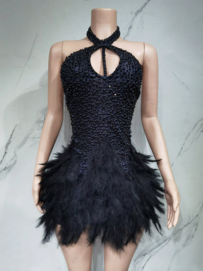 Fashion 2025new sexy Latin dance dress with airy hollow design, feather skirt hanging neck skirt