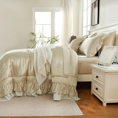 Beige Satin Ruffle Comforter Set – Luxury Silky 8-Piece Bedding