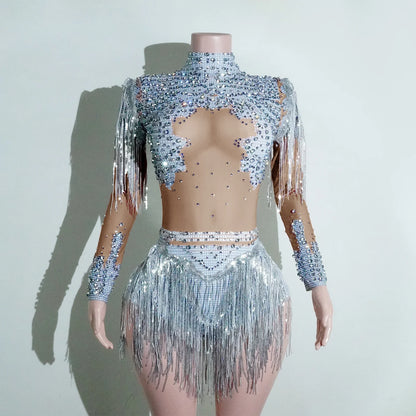NEW womens bodysuit Sexy Leopard sequin tassels High Collar Bodycon team performance pole dance drag queen outfit singer stage