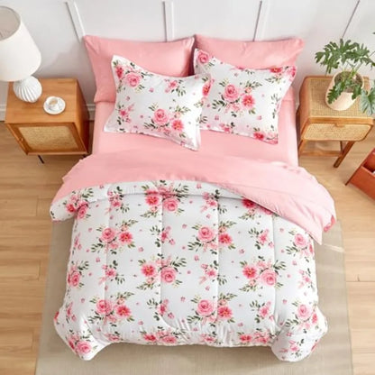 Elegant 7-Piece Queen Floral Bedding Set & 6-Piece Twin Comforter Set - Soft Microfiber, Reversible Pink & White Design