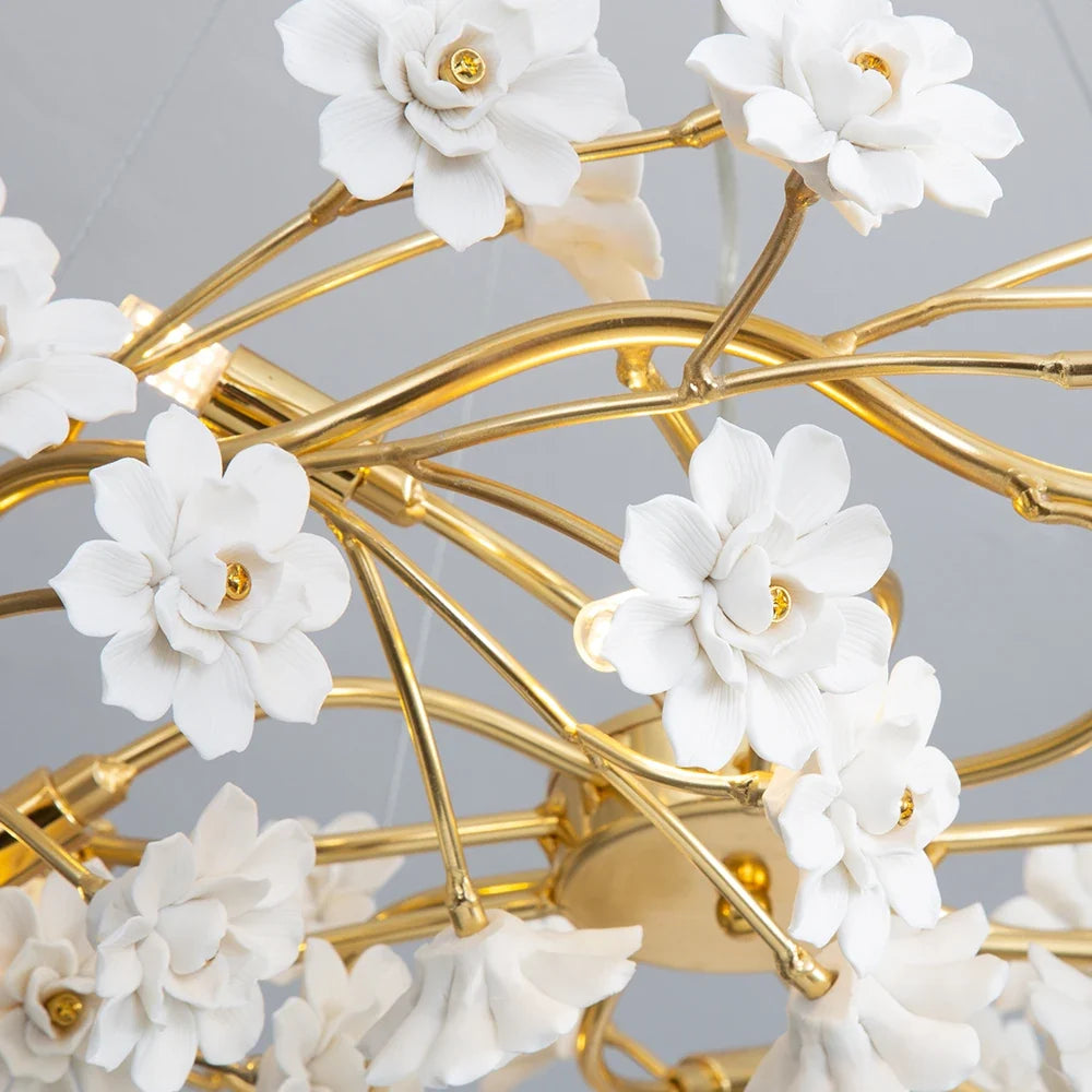 Gold Crystal Chandelier - Elegant Luxury Light Fixture with White Flower Design, 60cm & 80cm Sizes