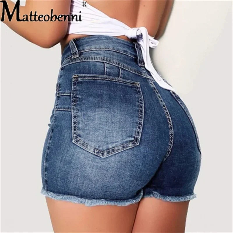 Large Size Sexy Ripped Denim Shorts Girl 2024 New High Waist Skinny Hips Stretch Leg Length Tight Tight Stretch Hips Jeans Women