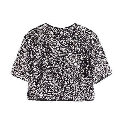 Spring Women Elegant Shirt and Blouse New Fashion Christmas New Year Bow Short Sleeve Dress Sequin Shirt Female Tops
