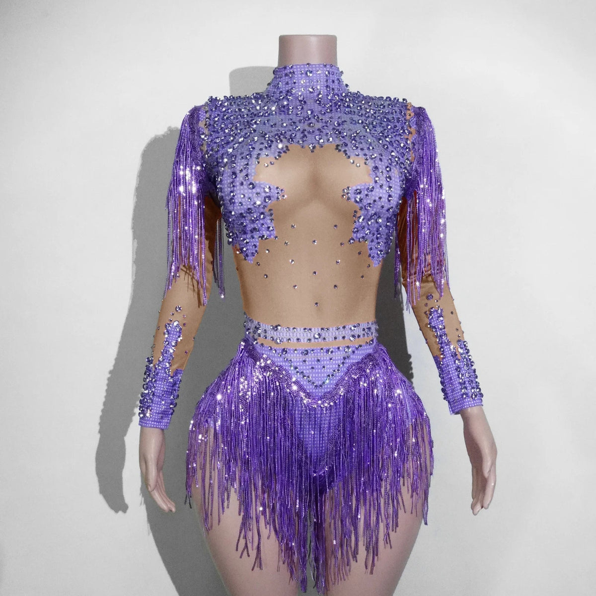 NEW womens bodysuit Sexy Leopard sequin tassels High Collar Bodycon team performance pole dance drag queen outfit singer stage