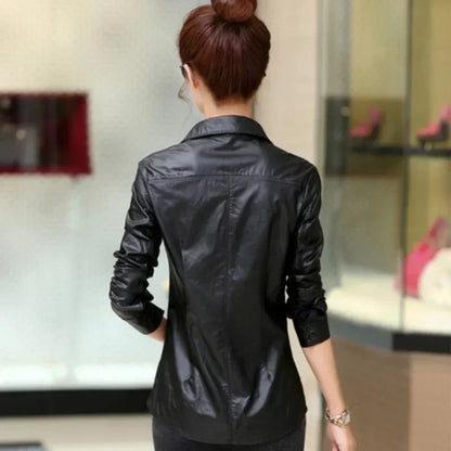 Women Blouses Spring New Shirt Temperament Slim Thin Long-sleeved  tops Women Shirts PU Leather Shirt Big Size Women Tops M2365