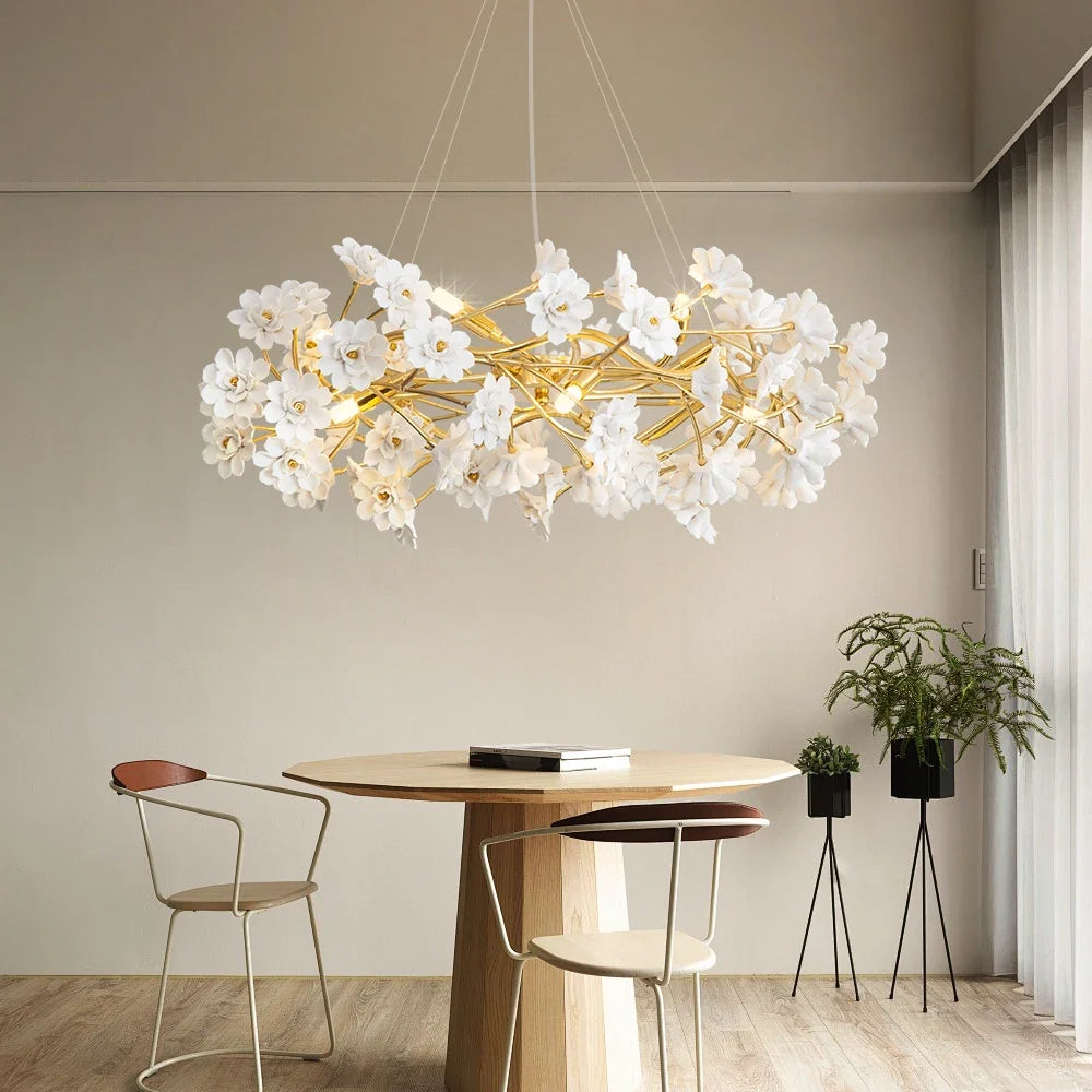Gold Crystal Chandelier - Elegant Luxury Light Fixture with White Flower Design, 60cm & 80cm Sizes
