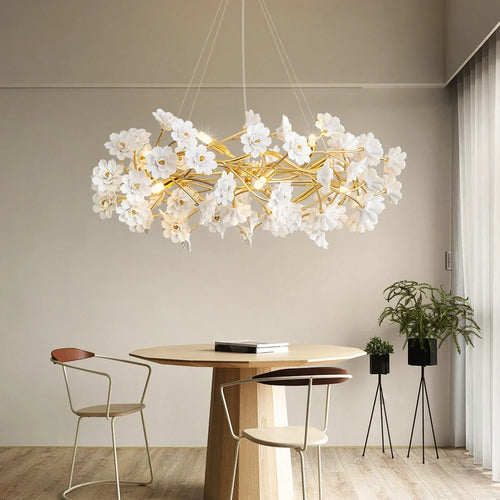 Gold Crystal Chandelier - Elegant Luxury Light Fixture with White Flower Design, 60cm & 80cm Sizes