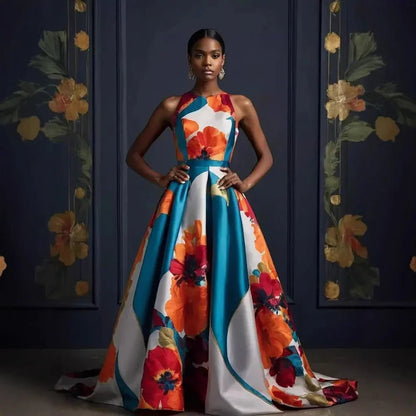 Women Elegant Floral Printed Dress Sleeveless Crew Neck Maxi Evening Dress 2025 New Summer High Waist Slim Party Wedding Dresses