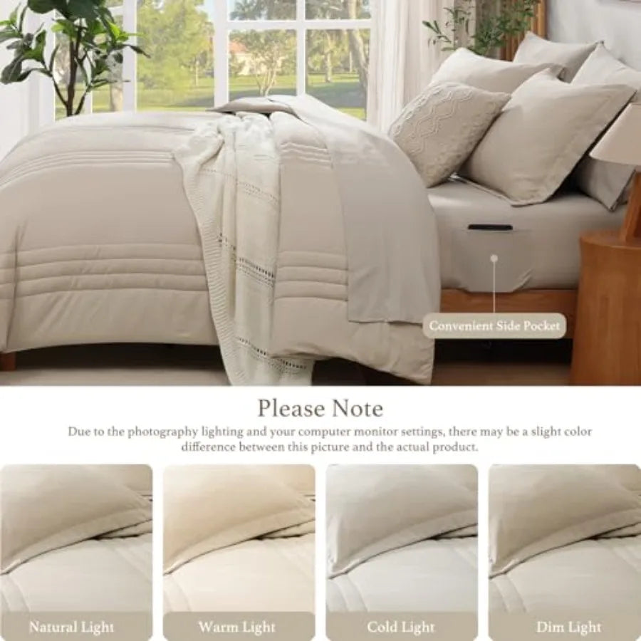 Apricot Beige Comforter Set – 7 Piece Bedding in a Bag, Soft All-Season King Comforter