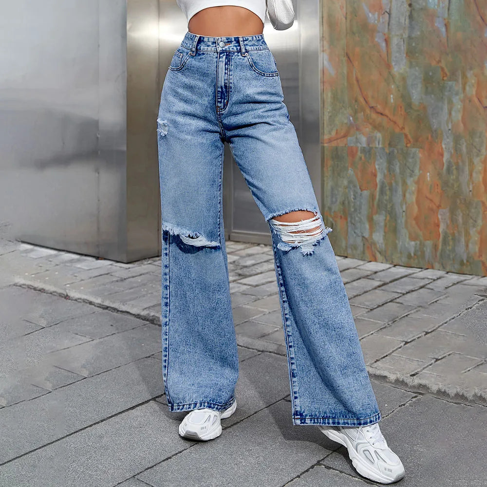 Summer Y2k Ripped Wide Leg Baggy Jeans Women 2024 Fashion High Waist New In Denim Pants Trousers Casual