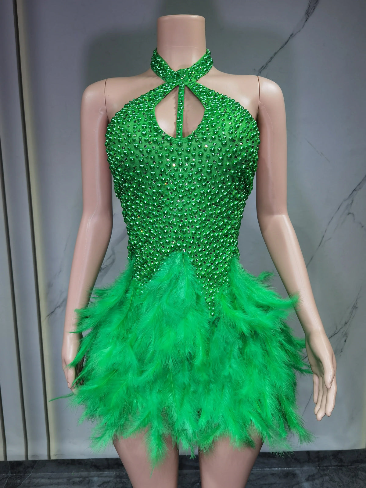 Fashion 2025new sexy Latin dance dress with airy hollow design, feather skirt hanging neck skirt