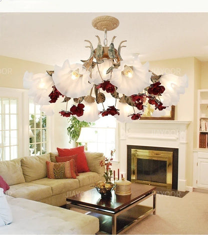 Floral Chandelier with Red Rose Accents, Golden Vines & LED Lights - 4/6/9 Heads