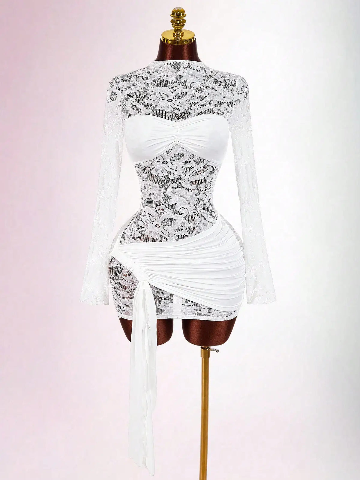 Red Lace Bodycon Mini Dress with Long Sleeves, Ruched Bust & Drawstring Hem for Party Night Club