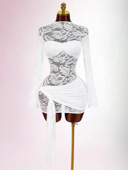 Red Lace Bodycon Mini Dress with Long Sleeves, Ruched Bust & Drawstring Hem for Party Night Club