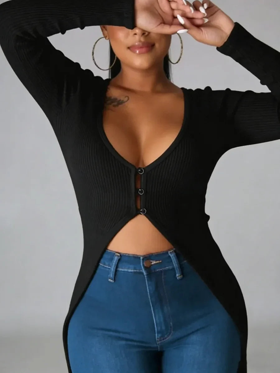 Plus Size Women's T-Shirt V Neck Long Sleeve Buttoned Ribbed Long Tops Sexy Shirt Spring Summer Chic T-Shirt Party Stretchy Tops