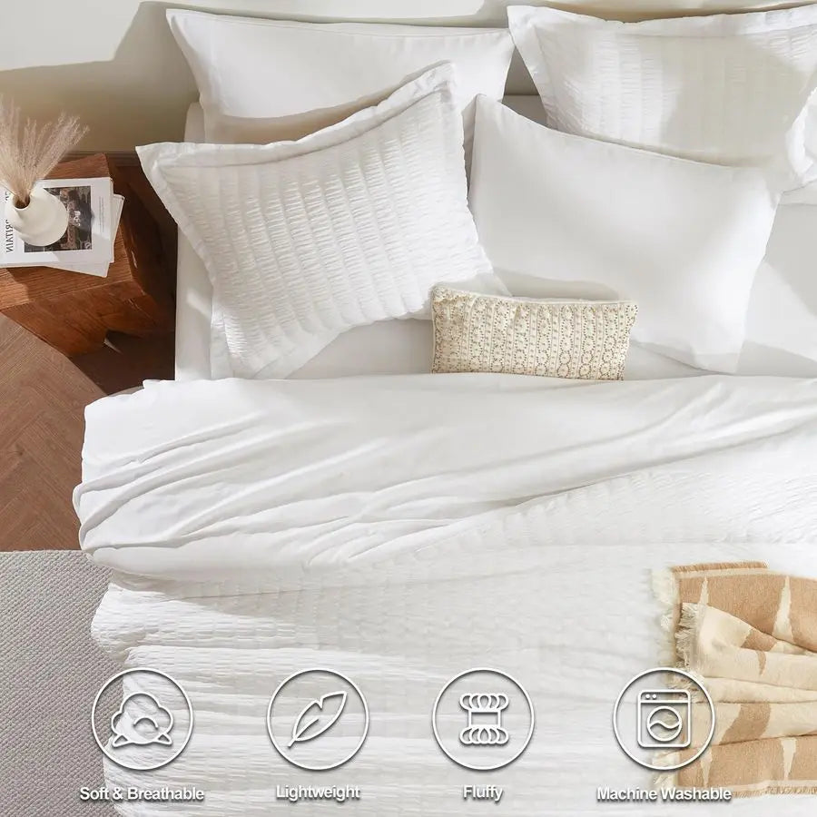 7-Piece Winter White Queen Bedding Set with Down Alternative Comforter, Soft Microfiber Sheets