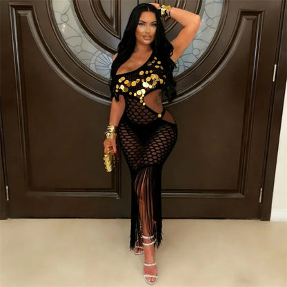 Sexy Fringe Tassel Knit Crochet Cover-up Beach Dress Women See Through Hollow Out Sequined Party Club Bodycon Maxi Dress Holiday