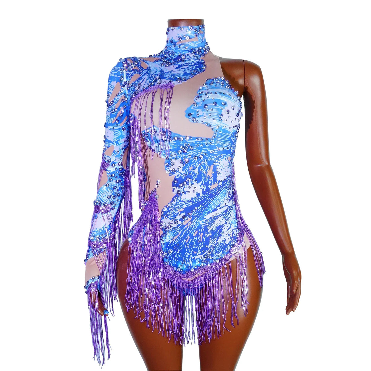 NEW womens bodysuit Sexy Leopard sequin tassels High Collar Bodycon team performance pole dance drag queen outfit singer stage