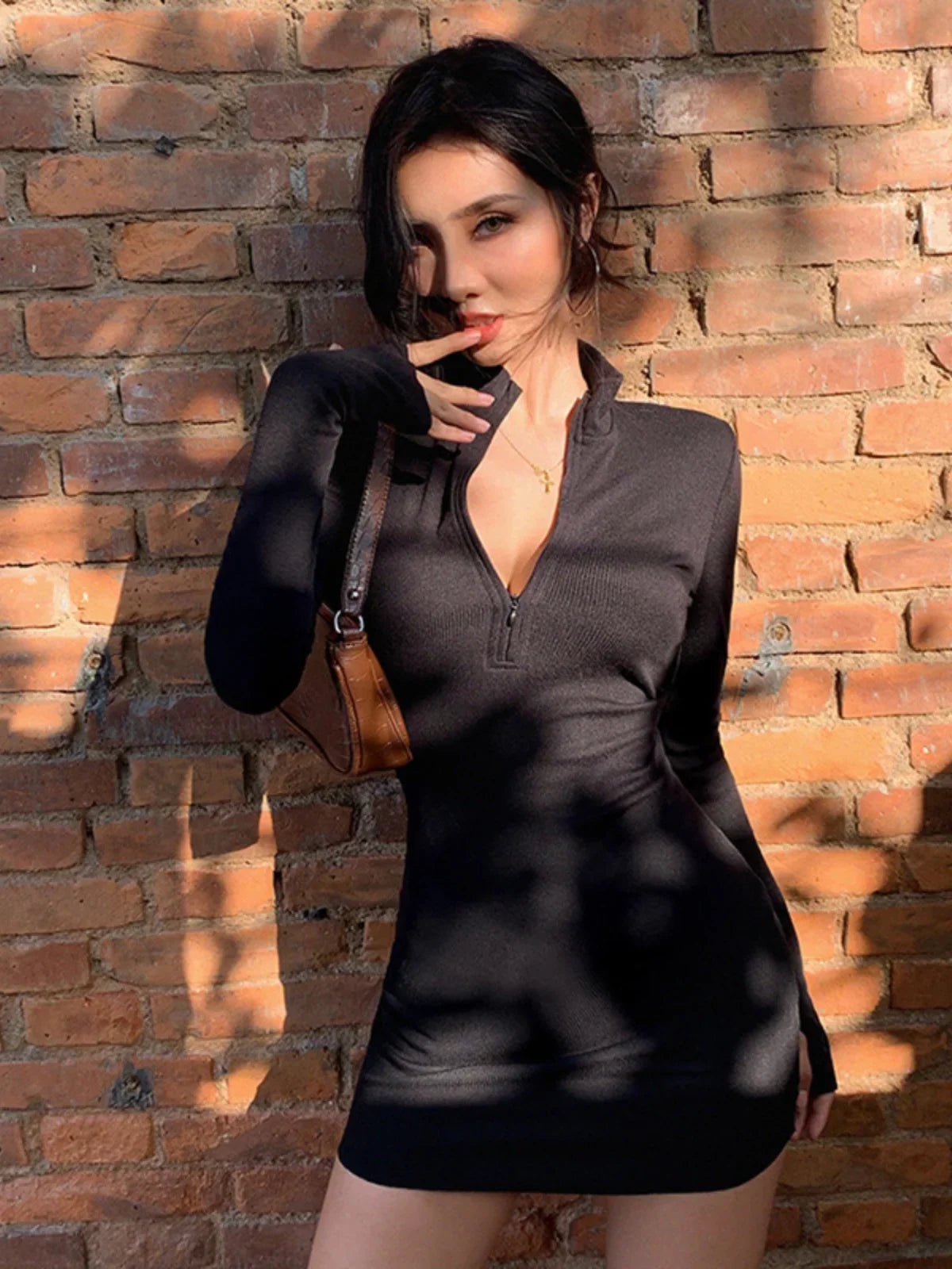 Slim Fit Chic Street Sle Long Sve Stand Collar ort Dr Women's High Waist Bodycon Dr Polyester Spandex Blend
