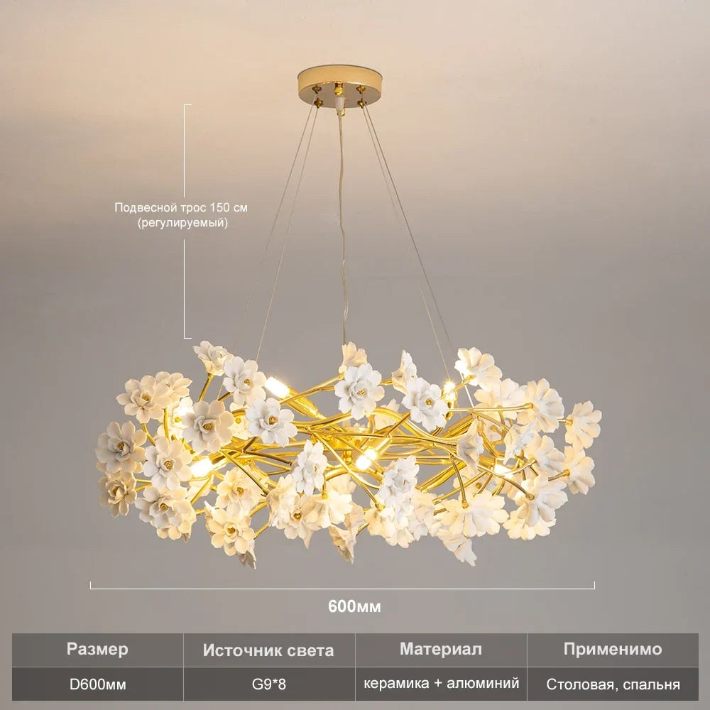 Gold Crystal Chandelier - Elegant Luxury Light Fixture with White Flower Design, 60cm & 80cm Sizes