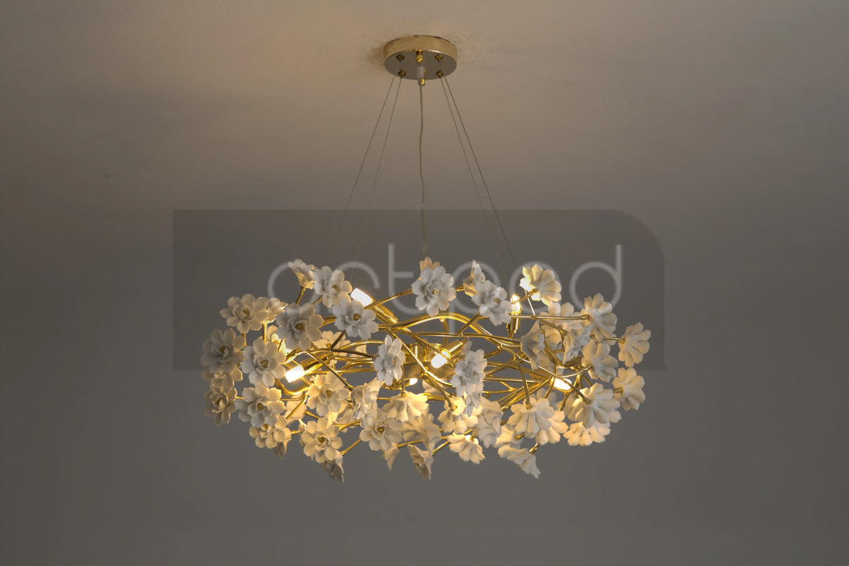 Gold Crystal Chandelier - Elegant Luxury Light Fixture with White Flower Design, 60cm & 80cm Sizes