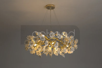 Gold Crystal Chandelier - Elegant Luxury Light Fixture with White Flower Design, 60cm & 80cm Sizes