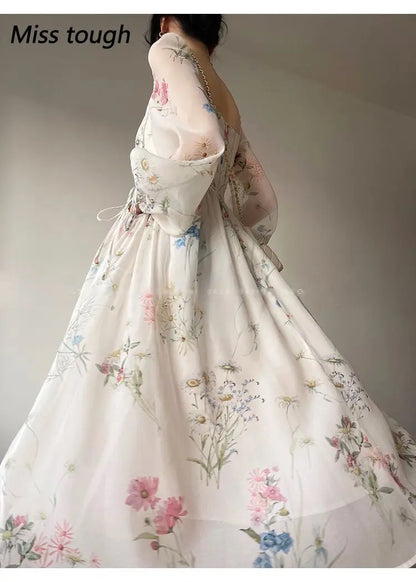 Summer Floral Print Dress Women Sexy French Style Vintage Party Midi Dresses Casual Korean Fashion Elegant Retro Dress 2024 New