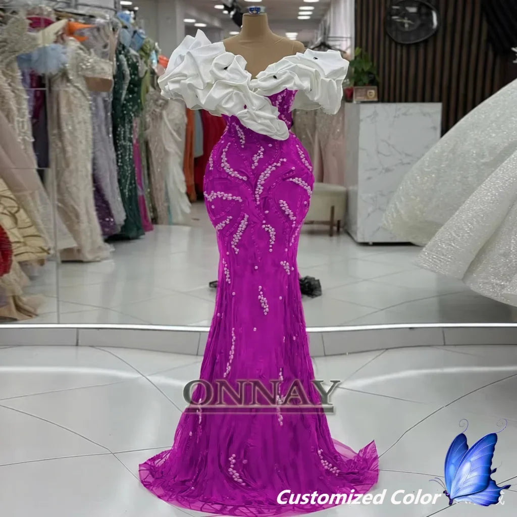 Customized Luxury Dubai Prom Dresses Off Shoulder for Women Pearls Saudi Arabia Gala Bespoke Party Gown Vestidos De Fiesta Plus