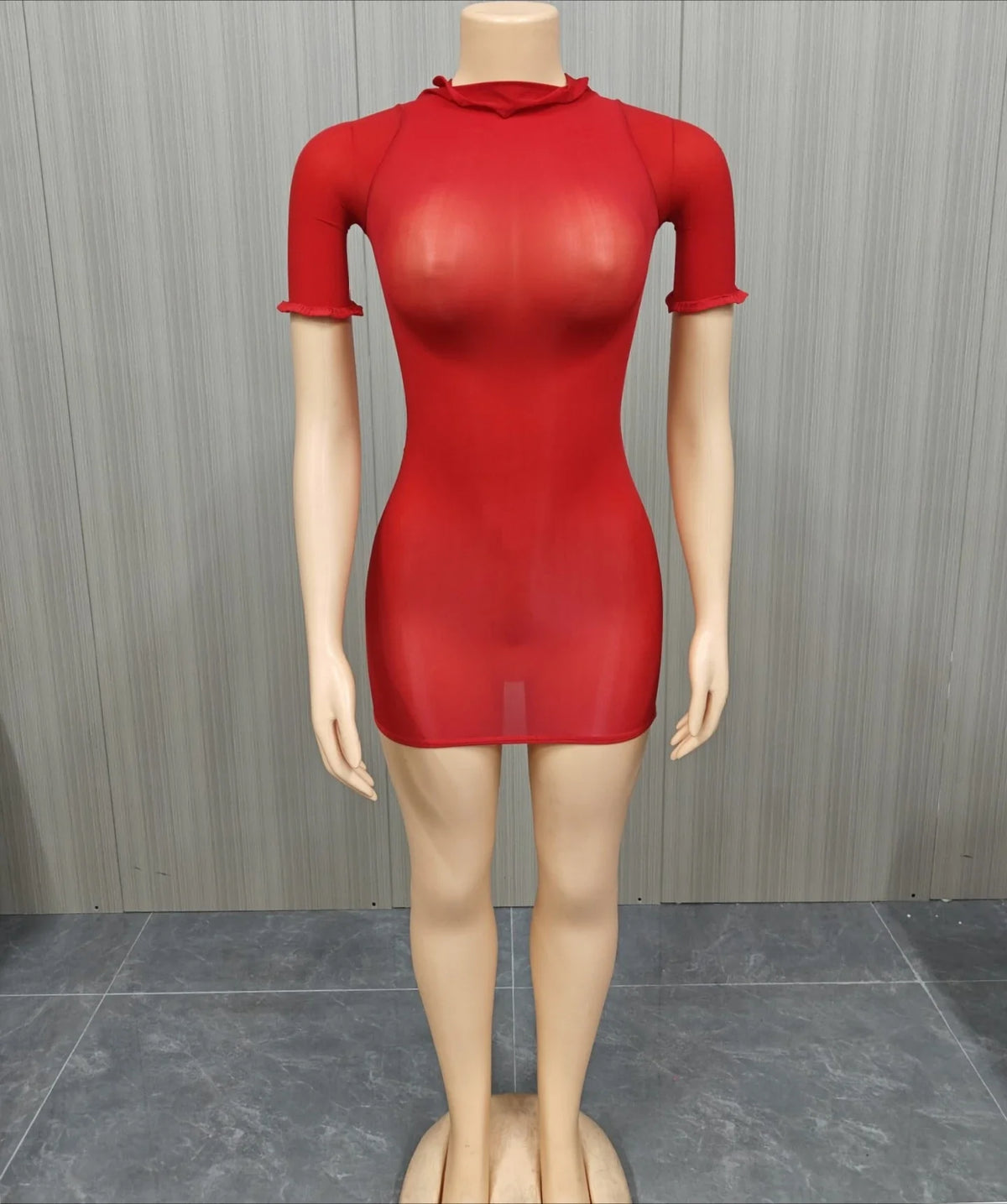 FLARORA Sexy See Through Mini Dress Woman Solid Color O-Neck Short Sleeves Skinny Peach Hip Elastic Clubwear Midnight Bodycon