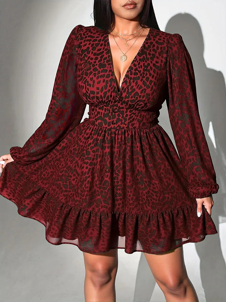 New Sexy V-Neck Leopard Print Long-Sleeve Dress Plus Size Women Clothing American Slim A-Line Skirt Elegant Party Evening Dress