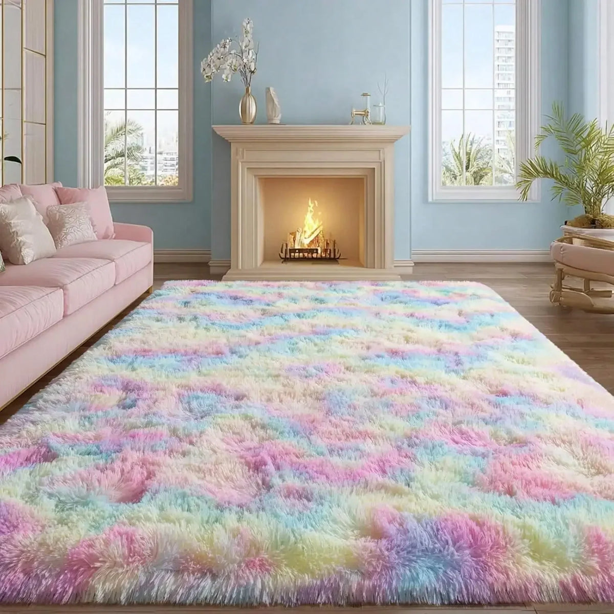 Fluffy Shag Area Rug - Abstract Tie-Dye Design with Non-Slip Backing for Cozy Comfort