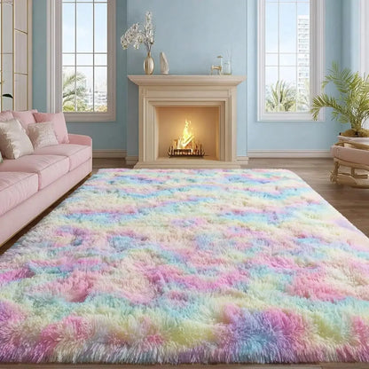 Fluffy Shag Area Rug - Abstract Tie-Dye Design with Non-Slip Backing for Cozy Comfort