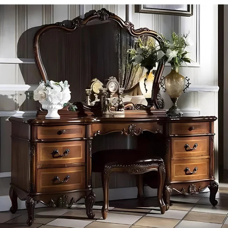 Dark Cherry Vanity Set - Luxurious Modern Hollywood Style with Mirror & Cushioned Stool