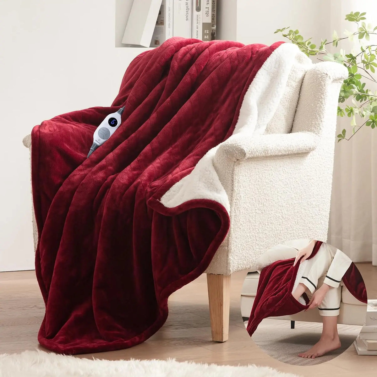 Cozy Flannel Sherpa Electric Blanket with 6 Heat Settings & Foot Pocket for Ultimate Comfort