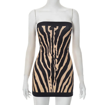 Zebra Striped Strapless Backless Women Mini A Line Dress Outfits Autumn Winter Off Shoulder Sleeveless Bodycon Dresses Vestido