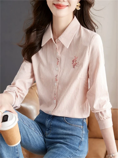 Spring Women Blouses Embroidered Shirt Pink Tops For Woman Clothes Blous Striped Shirt Cardigan Blouses Laple Long Sleeve Shirt