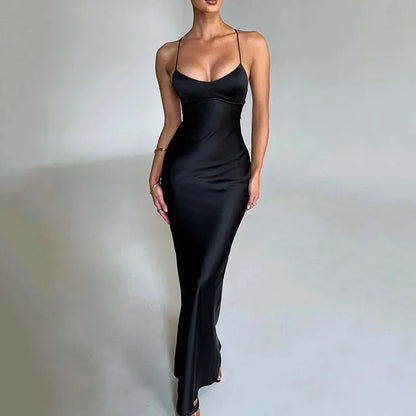 Sexy Spaghetti Strap Satin Dresses Women Elegant Backless Lace Up Mermaid Dress Woman Sleeveless Slim Bodycon Party Long Dress