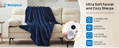 Cozy Flannel Sherpa Electric Blanket with 6 Heat Settings & Foot Pocket for Ultimate Comfort