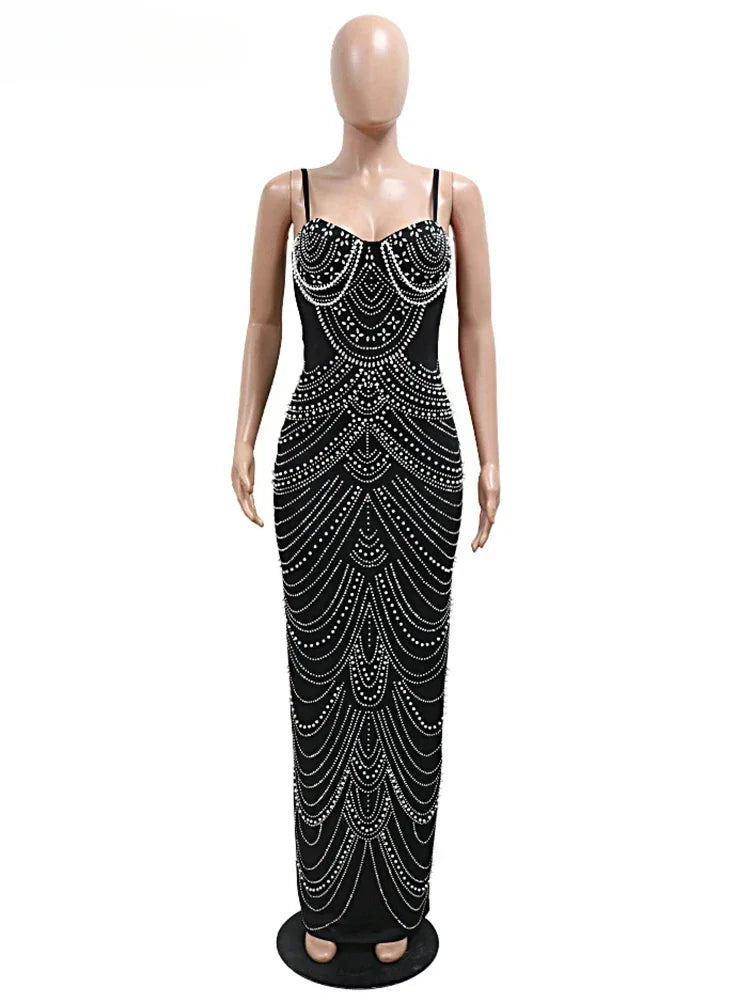 New Luxury Sparkly Crystal Rhinestone Pearl Celebrities Gown Brown Dress Woman Strap Evening Party Birthday Prom Wedding Vestido