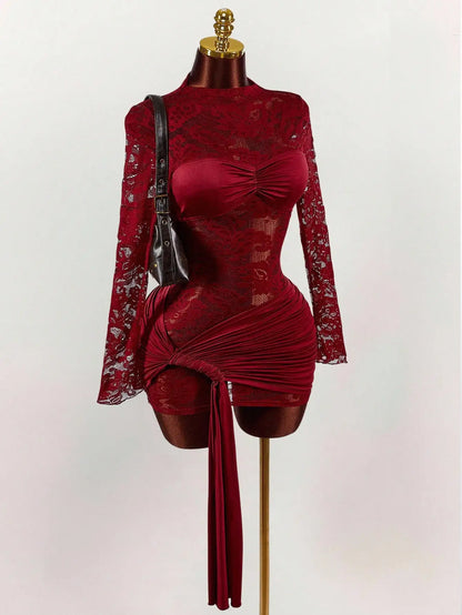 Red Lace Bodycon Mini Dress with Long Sleeves, Ruched Bust & Drawstring Hem for Party Night Club