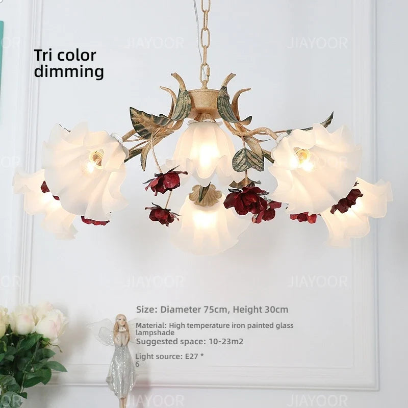 Floral Chandelier with Red Rose Accents, Golden Vines & LED Lights - 4/6/9 Heads