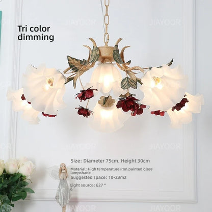 Floral Chandelier with Red Rose Accents, Golden Vines & LED Lights - 4/6/9 Heads