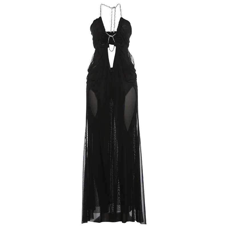 Nibber Prom Party Gown Dress Woman Sexy See Through Luxury Chain Halter Low-Neck Backless Sleeveless Midnight Elegant Vestidos