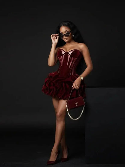 Sexy Wine Red Ruched Bubble Short Women Party Dresses With A Corset Bustier Girls Birthday Mini Dress