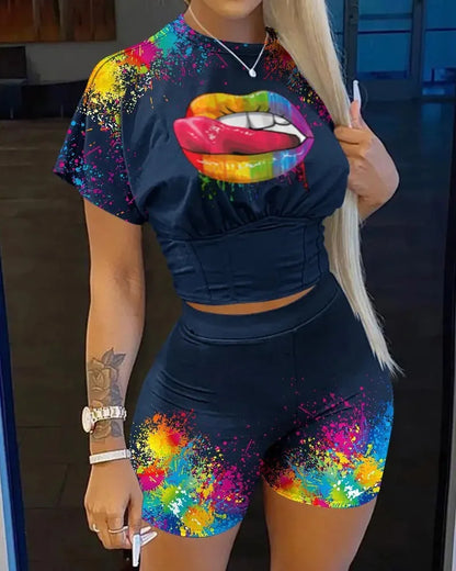 Casual O-neck Short Sleeve T-shirt Shorts Set Office Lady Summer Letter Print Tops Solid Shorts Two Piece Set Women Outfit 2024