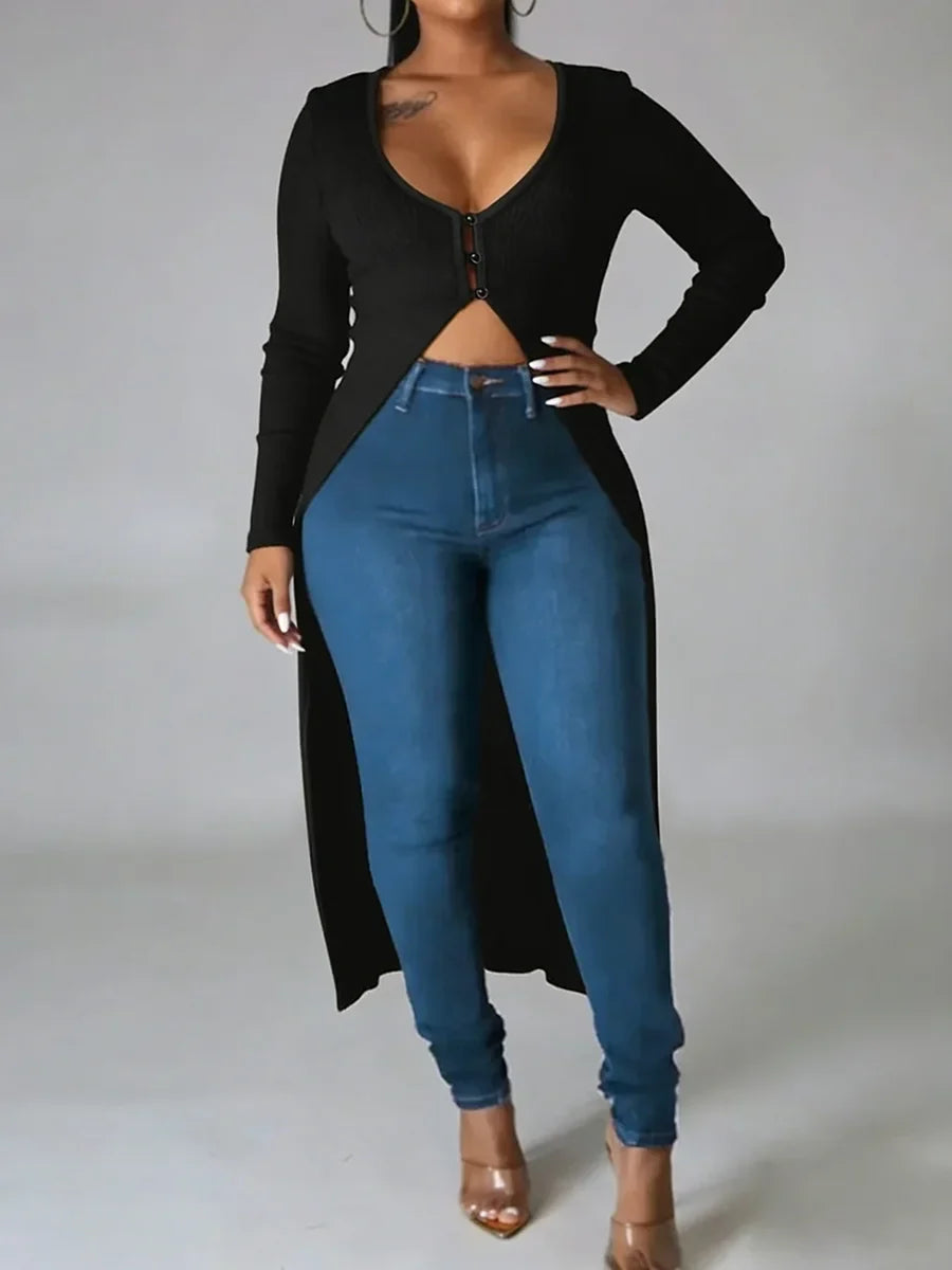 Plus Size Women's T-Shirt V Neck Long Sleeve Buttoned Ribbed Long Tops Sexy Shirt Spring Summer Chic T-Shirt Party Stretchy Tops