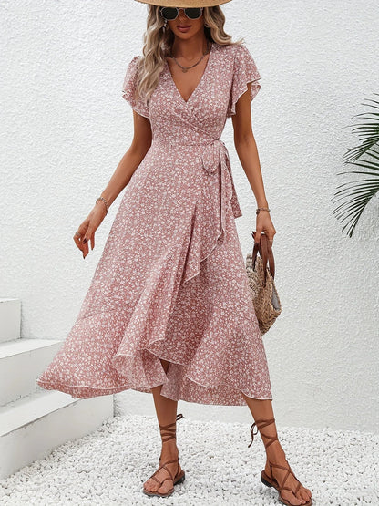 Summer Dresses for Women Sexy V Neck Short Sleeve Irregular High Waist Lace-up Flower Print Dress Casual Beach Dresses