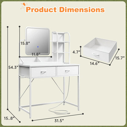 Black LED Vanity with 3-Color Lighting, 2 USB Ports, 5 Drawers & Hair Dryer Rack